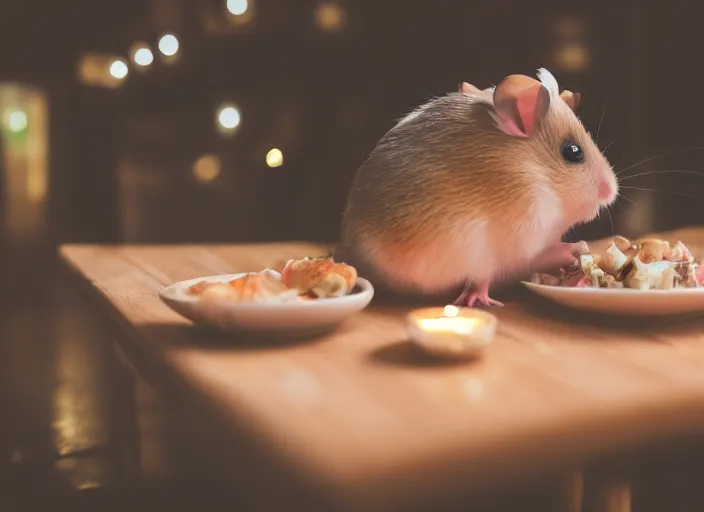 Image similar to photo of a hamsters on a date, kissing, at night, romantic, faded colors, candlelit restaurant table, cinematic color grading, various poses, soft light, well framed, sharp focus, 8 k