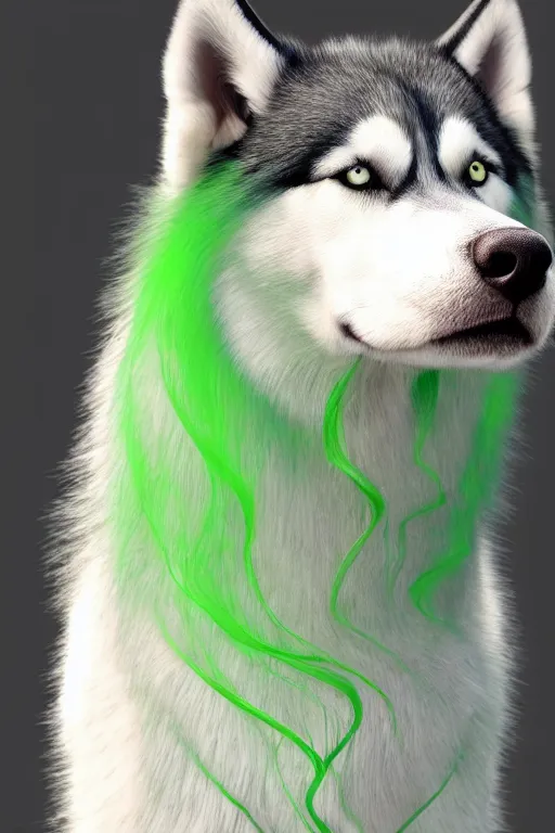 Image similar to proud husky with green flowing hair and heterochromia, studio lighting, realistic, beautiful, chromatic aberration, 4 k, in focus, very detailed, global illumination