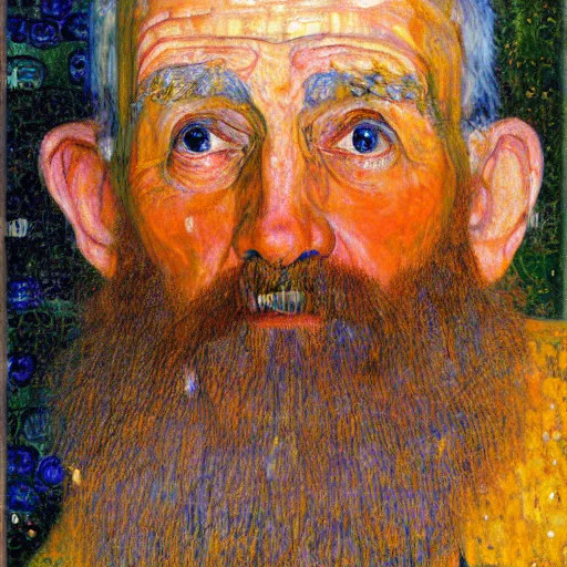 Prompt: detailing character concept portrait of old man by Gustav Klimt, on simple background, oil painting, middle close up composition