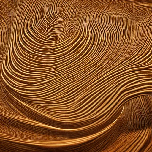 Image similar to a very intricate wood sculpture in the shape and texture of waves, fractal patterns, deep and expressive grain patterns, volumetric lighting, light rays, photorealistic, ultrarealistic, coronarender, 8k