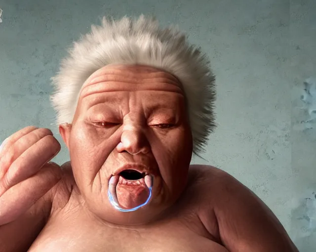 Image similar to of a very beautiful scene. ambient occlusion render. a sweet fat old woman is giving birth to her self as a baby. hyper realistic. 4 k. wide angle. wild. symmetrical face, red mouth, blue eyes. deep focus, lovely scene. ambient occlusion render. concept art. unreal engine.