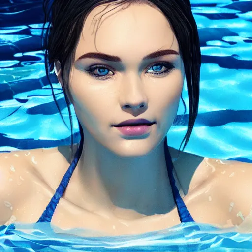 Image similar to beautiful woman in a swimming pool, artstation, highly detailed face, pretty, gorgeous, cute, blue bikini, warm lighting