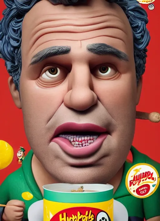 Image similar to hyperrealistic mark ruffalo on a cereal box with a trippy surrealist mark ruffalo portrait with big fat sausages and dart boards by aardman animation and Kotobukiya