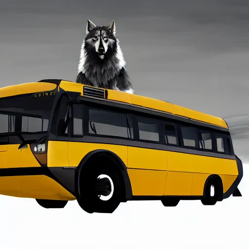 Image similar to Transformer hybrid of bus and wolf, having cabin if form of wolf head with big yellow eyes looking at us full of rage and long body of bus with wheels and windows, mechanical form of life, oil on canvas, fantasy, magic, dream, digital painting, concept art, smooth, sharp focus, illustration, artstation trending, octane render, unreal engine, Ghibli, anime style, cyberpunk