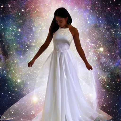 Prompt: beautiful cosmic wedding dress, white background, space print