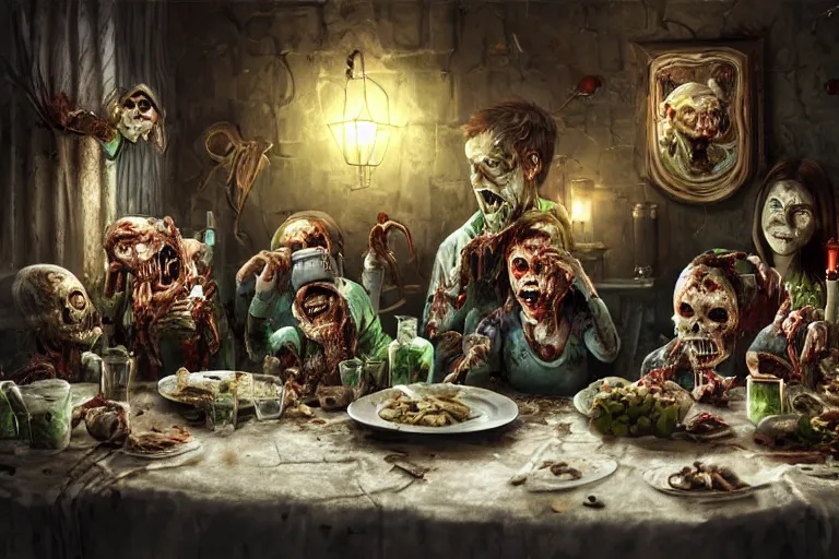 Image similar to a zombie family christmas dinner, hyper realistic, ambient lighting, concept art, intricate, hyper detailed, smooth, dynamic volumetric lighting, octane, cinematic