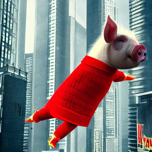 Prompt: pig in a red sweater flying in a cyberpunk city