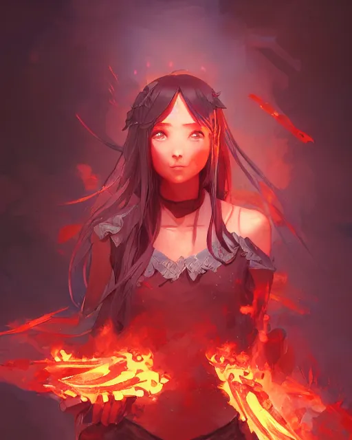 Image similar to red eyed anime girl, flames everywhere, highly detailed, digital painting, artstation, concept art, smooth, sharp focus, illustration, art by artgerm and greg rutkowski and alphonse mucha