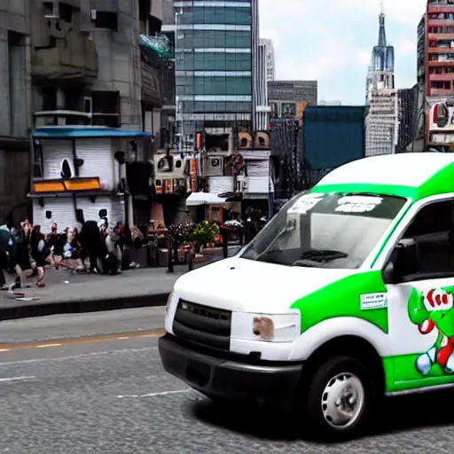 Image similar to yoshi!!!!!!! running from van on city streets