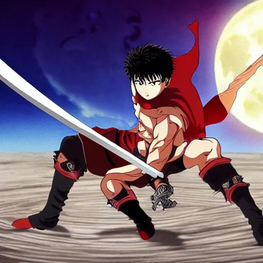 Prompt: anime berserk man with large sword at night under full moon