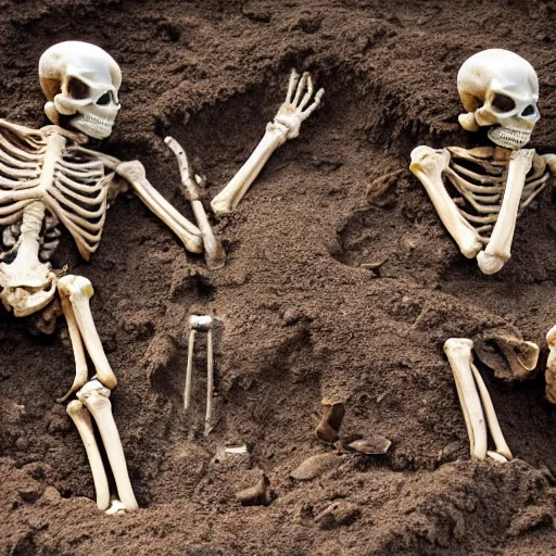 Prompt: archaeological search two human skeletons half buried in dirt