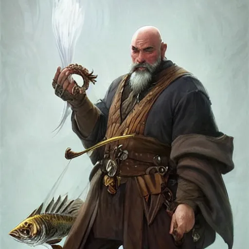 Image similar to wow! fanart bearded and bald man with a fish in his hand, d & d, high fantasy, detailed, digital art, artstation, smooth, sharp focus, art by artgerm, greg rutkowski, alphonse mucha