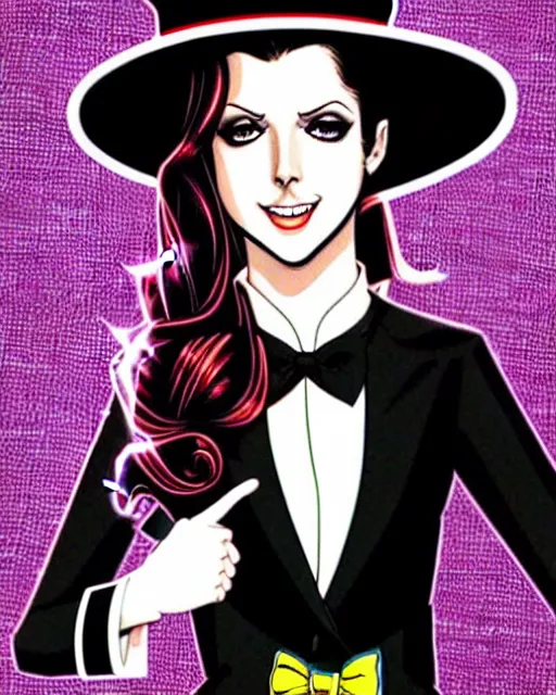 Prompt: beautiful Anna Kendrick Zatanna DC Comics floating on stage, wearing a top hat, symmetrical face symmetrical eyes, smiling, intricate details, atmospheric, art by eiichiro oda, Joshua Middleton art