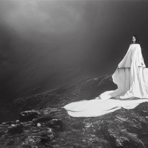 Image similar to 1 9 7 0's artistic spaghetti western movie, a woman in a giant billowy wide flowing waving dress made out of white smoke, standing inside a dark western rocky scenic landscape, volumetric lighting, backlit, moody, atmospheric