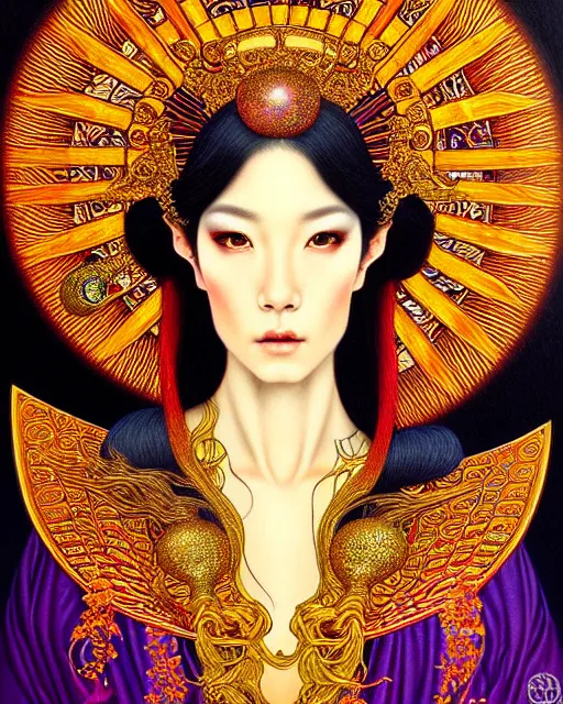 Prompt: portrait of a beautiful sun goddess, enigmatic beauty, esoteric, other worldly colors, head in focus, fantasy art, ornamental aesthetics intricate, elegant, highly detailed, hyperrealistic painting, artstation, concept art, painterly, sharp focus, illustration, art by chie yoshii