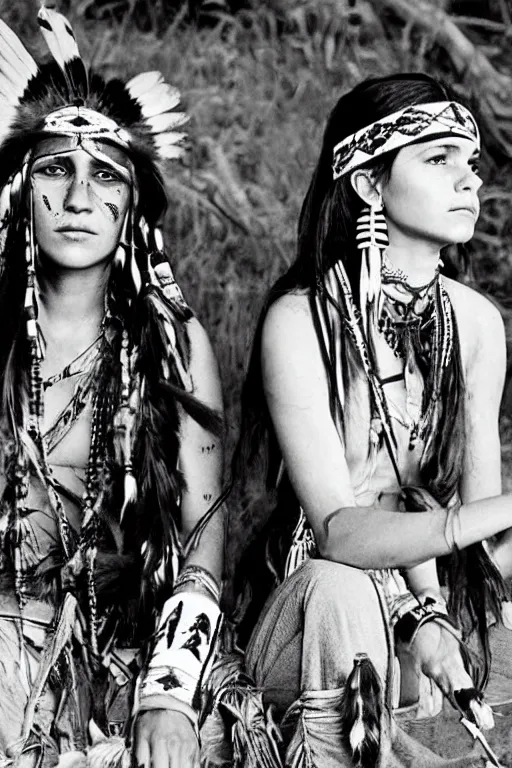 Prompt: photo of two native american indian woman's : emma watson and angelina jolie smoking a pipe of peace, portrait, skilled warrior of the apache, ancient, realistic, detailed