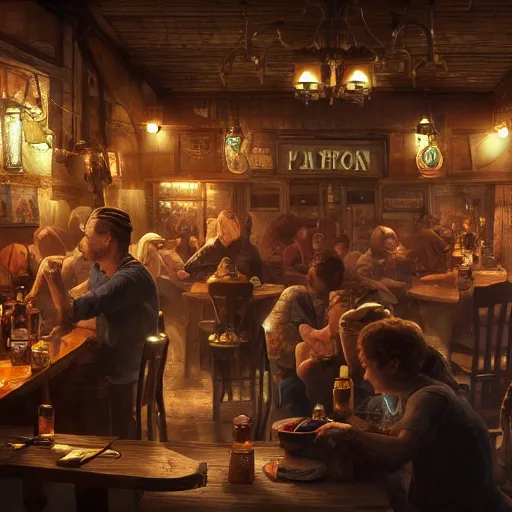 Image similar to busy tavern scene, Ultra realistic, intricate, mysterious, cinematic, 4k, illustration, concept art, photorealistic, award winning on Artstation