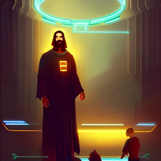 Image similar to tron legacy jesus laughing at the zoo, diffuse lighting, hyper realistic, concept art, intricate, hyper detailed, smooth, sharp focus, illustration, trending on artstation, art by greg rutkowski and james gurney and alphonse mucha