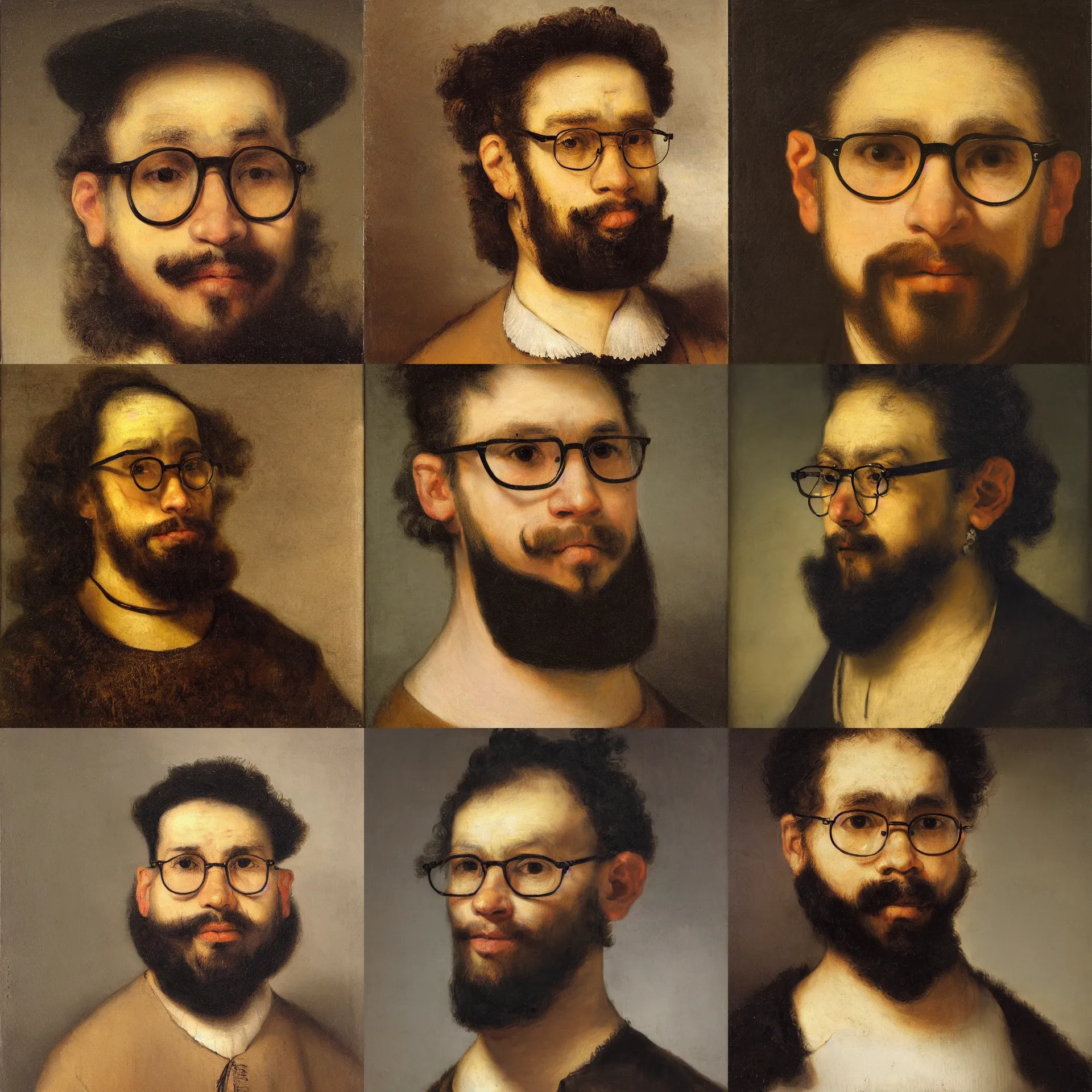 Prompt: front view portrait of a latino young man, wavy short hair, wearing glasses, goatee beard, painted by rembrandt