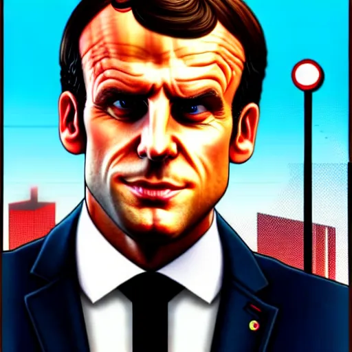 Image similar to emmanuel macron in a gta v cover art by stephen bliss