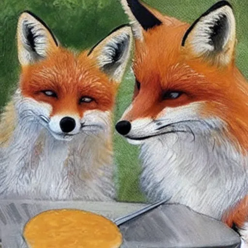 Prompt: foxes judging a cheese competition, realistic