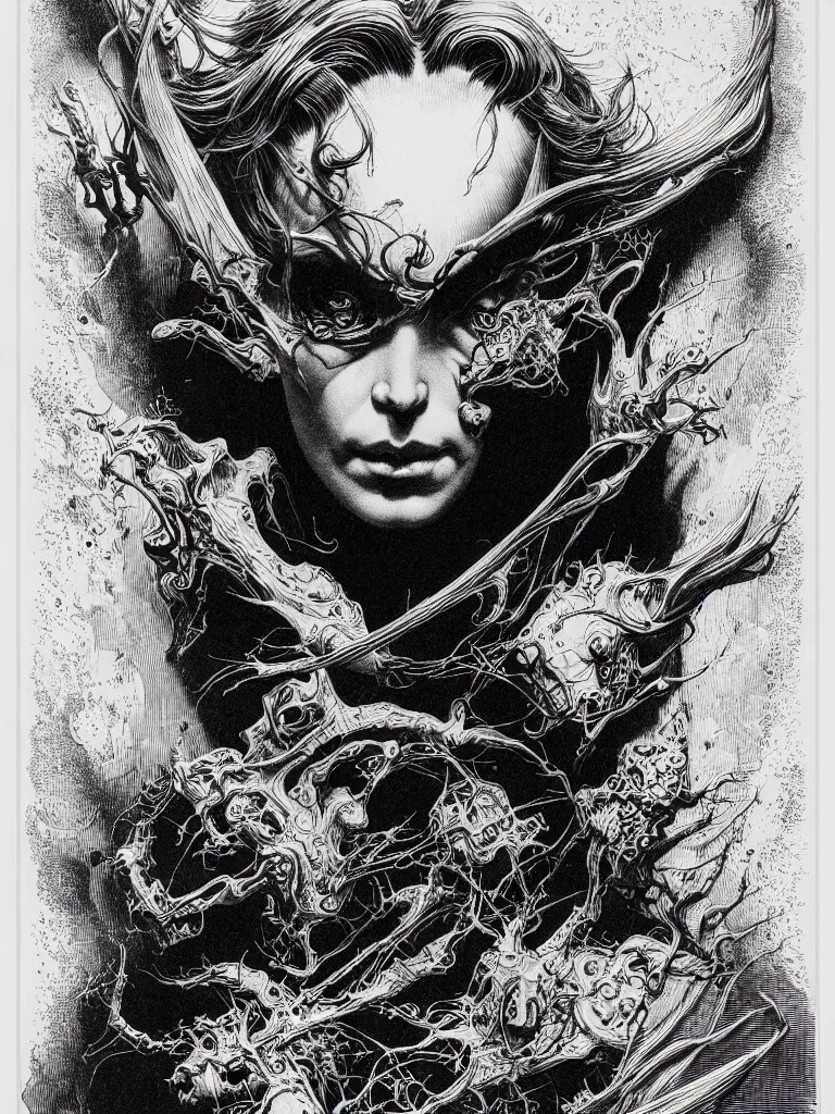 Image similar to portrait soft light, by bernie wrightson and joe fenton and simon bisley, inspired victorian sci - fi, etching, fine, sharp high detail, red and grey, screen print,