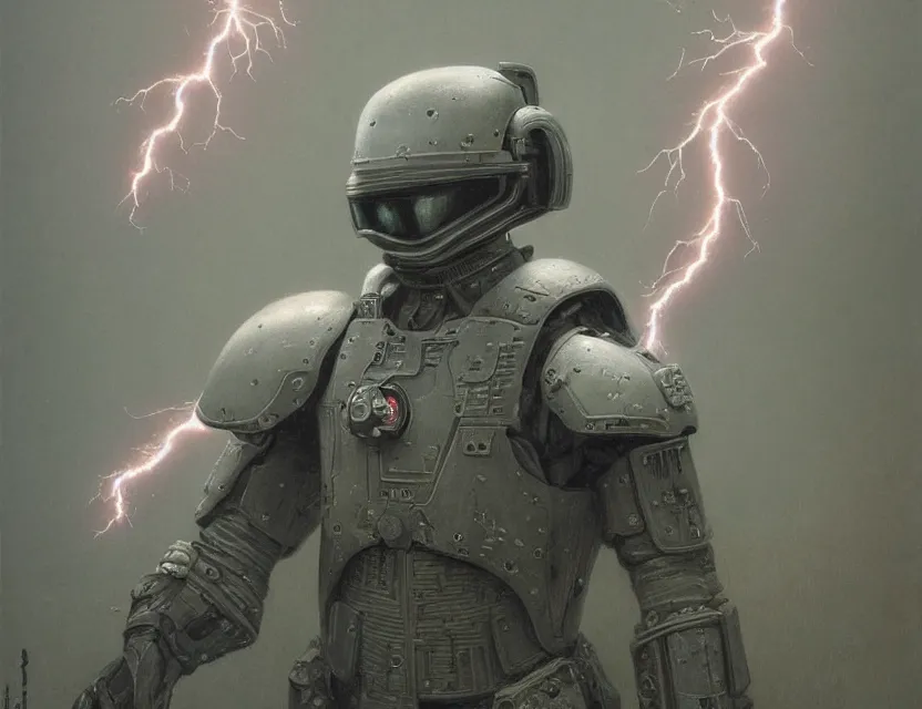Prompt: a detailed portrait painting of a lone bounty hunter wearing combat armour. Laser eyes. Head and chest only. Movie scene, cinematic sci-fi scene. Flight suit, cloth and metal, accurate anatomy. portrait symmetrical and science fiction theme with lightning, aurora lighting. clouds and stars. Futurism by beksinski carl spitzweg moebius and tuomas korpi. baroque elements. baroque element. intricate artwork by caravaggio. Oil painting. Trending on artstation. 8k