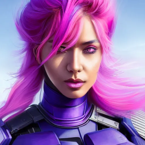 Image similar to a stunning upper body portrait of a beautiful woman with a ombre purple pink hairstyle with hair blowing in the wind wearing futuristic navy blue and teal battle bodyarmor and pauldrons by marvel comics, outrun, vaporware, highly detailed, fine detail, intricate, digital art, trending on artstation