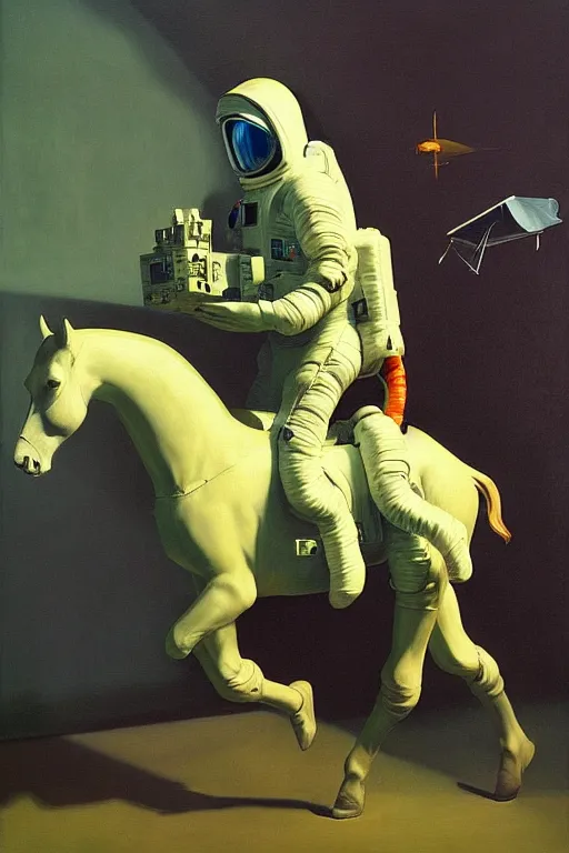 Prompt: astronaut carries a statue of a horse in his hands, hauntingly surreal, highly detailed painting by francis bacon, edward hopper, adrian ghenie, gerhard richter, and james jean soft light 4 k,