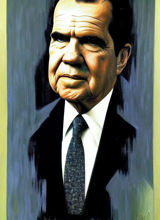 Prompt: oil portrait of richard nixon, intricate, elegant, highly detailed, lighting, painting, artstation, smooth, illustration, art by greg rutowski and alphonse mucha