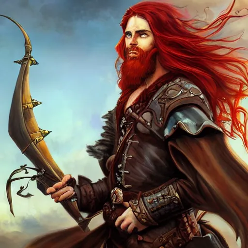 Image similar to an epic fantasy comic book style portrait painting of a long haired, red headed male sky - pirate in front of an airship in the style of bayard wu