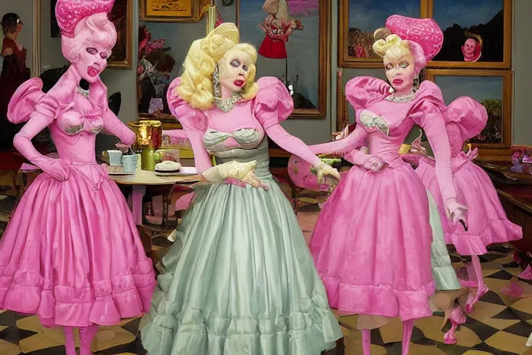 Prompt: Angelyne fights a clone of herself in the tea room, painted by mark ryden