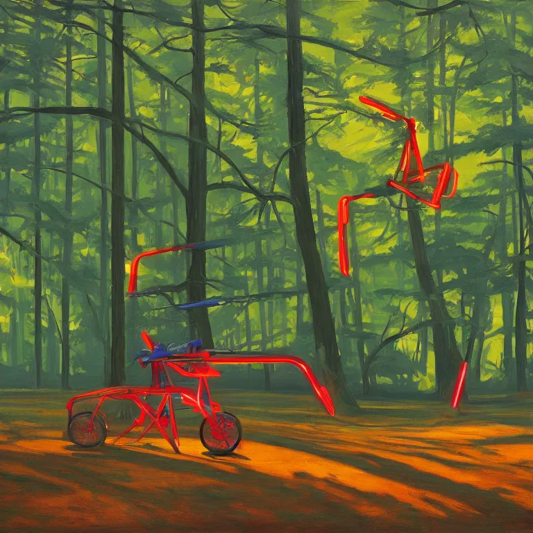 Image similar to neon quadracopter in the woods, painted by Edward Hopper, painted by James Gilleard, airbrush