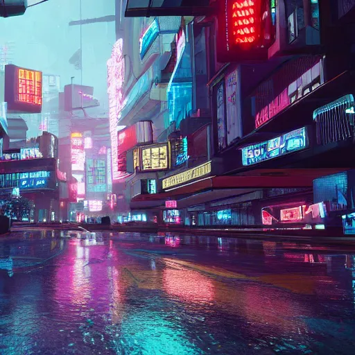 Prompt: cyberpunk city without people, rainy, colorful, beautiful, trending on artstation, HD, Unreal Engine, Cyberpunk 2077