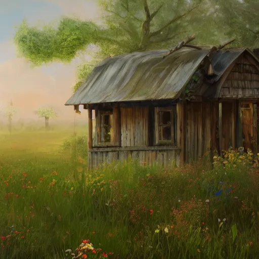 Image similar to a matte painting of a midwestern countryside, shack close up, overgrown, patchy flowers, oil painting, pale colors, high detail, 8 k, wide angle, trending on artstation,