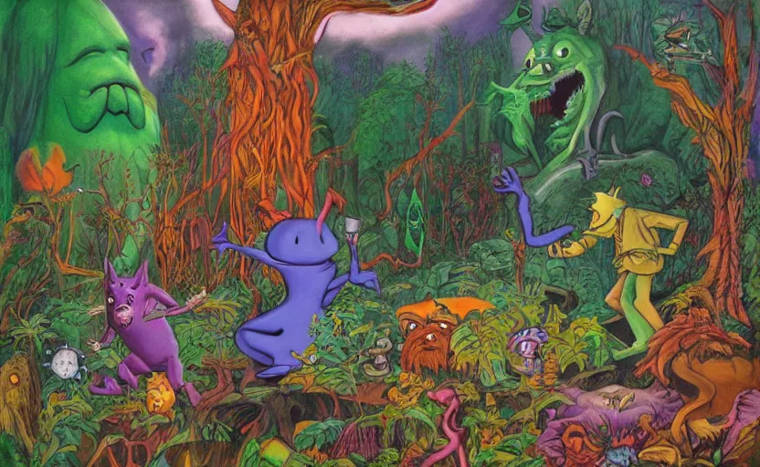 Image similar to a scene of colorful cartoon monsters in the clearing of a dark fantasy forest surrounded by darkness. hyperrealist illustration. muted colors. 1 9 7 0's pulp science fiction and fantasy cartoon for alice in wonderland and wizard of oz. richly colored painting by don ivan punchatz.