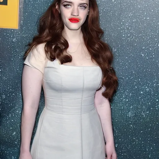 Image similar to a woman who is a genetic combination of kat dennings and emma watson face and upper - body focus