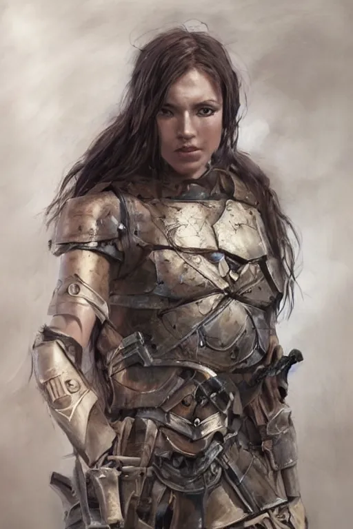 Image similar to a photorealistic painting of an attractive young girl, partially clothed in battle armor, olive skin, long dark hair, beautiful bone structure, symmetrical face, perfect eyes, intricate, elegant, digital painting, concept art, illustration, sharp focus, minimal artifacts, from Metal Gear, in the style of Ruan Jia and Mandy Jurgens, by Greg Rutkowski, trending on Artstation, award winning