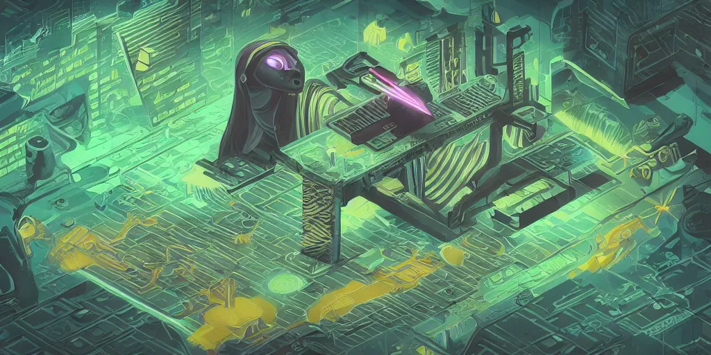 Image similar to isometric portrait of advanced alien, his last moment, mystical, technology meets fantasy, map, infographic, concept art, art station, style of giger, wes anderson