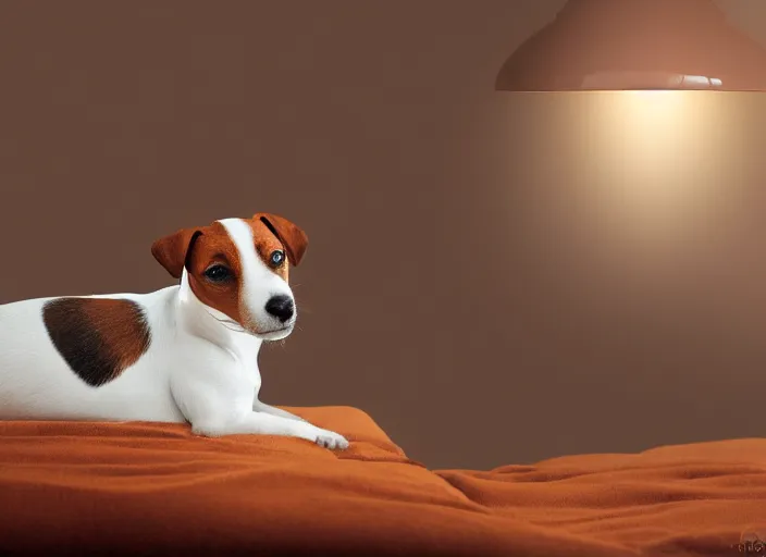 Image similar to photography of a Jack Russel . watching outside the window. on a bed. in a vintage room full of vinyls and posters.,volumetric light, photorealistic,, award winning photo, 100mm, sharp, high res