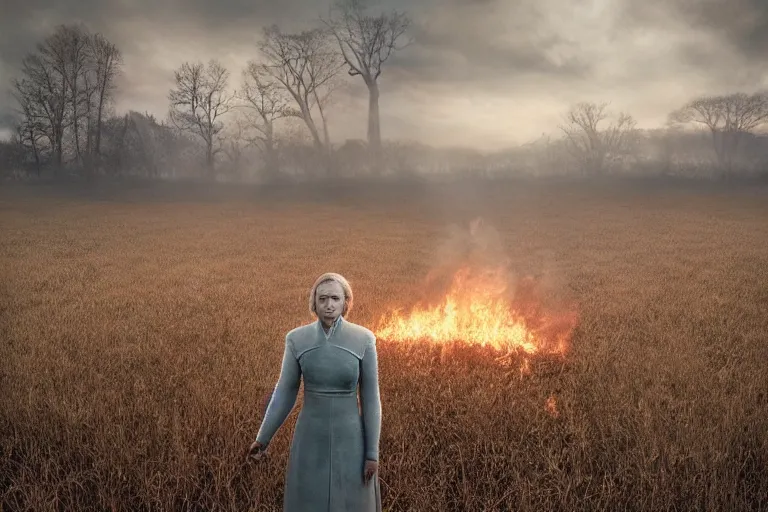 Prompt: a cinematic! headshot! portrait of a frozen middle aged woman stood in a field, field on fire, ultra realistic, depth, beautiful lighting, by annie leibovitz, by mattias adolfsson