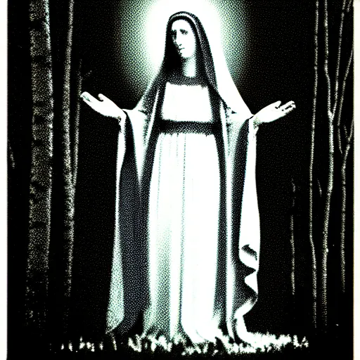 Prompt: marian apparition in forest, high contrast, found footage, vhs, 1 9 9 0, beautiful, highly realistic, highly detailed, vhs noise static, black and white, vhs glitch