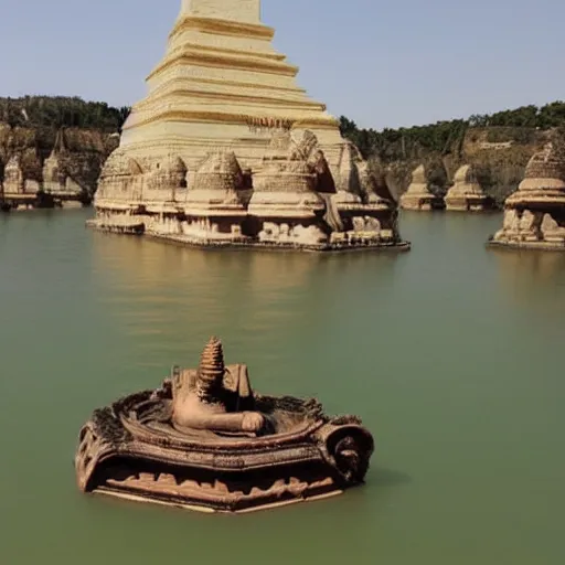 Image similar to floating temple in the middle of a large lake dedicated to the worship of sphinx cats