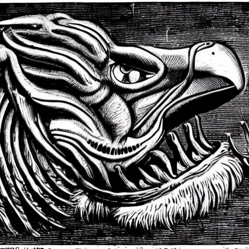 Image similar to a creature with the body and eyes of a man, with the beak of an eagle, the mane of a lion, and the horn of a bull. drawn by h. r. giger