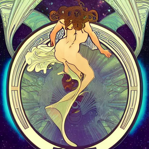 Image similar to a dolphin, astral projection, astral travel, space background, cinematic, detailed, very realistic, by Alphonse Mucha, Moebius, Laurie Greasley