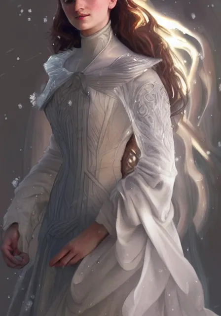 Prompt: sansa emma watson snow queen in ice dress, intricate, elegant, highly detailed, digital painting, artstation, concept art, smooth, sharp focus, illustration, art by artgerm and greg rutkowski and alphonse mucha and william - adolphe bouguereau