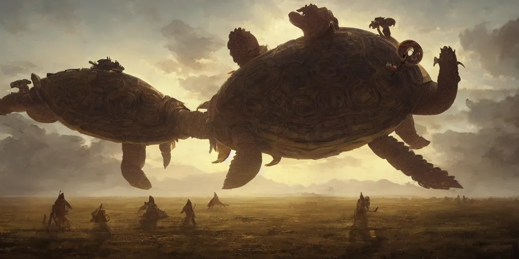 Prompt: a tribe fighting a single giant steampunk turtle monster on the empty plains at dawn, ethereal fantasy art by greg rutkowski