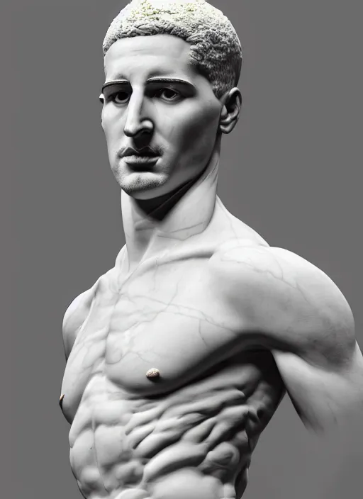 Prompt: a statue made of white marble with gold veins, of klay thompson reading the newspaper and petting his bulldog, full body shot, perfect symmetrical body, perfect symmetrical face, hyper realistic, hyper detailed, by johannen voss, by peter kemp, by monia merlo, by michelangelo, octane render, blender, 8 k