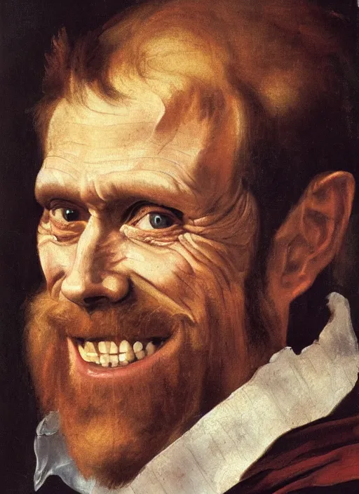 Prompt: portrait painting of willem dafoe with stubble smiling warmly, renaissance oil painting, studious chiaroscuro