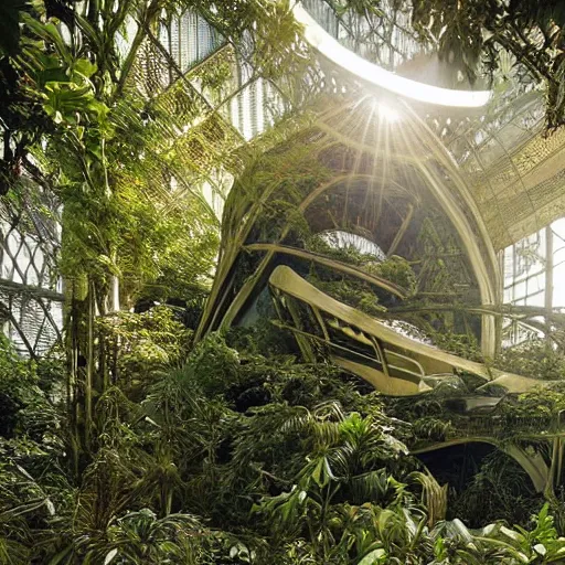 Prompt: old photo overgrown zaha hadid alphonse mucha spaceship ruins in jungle sunlight